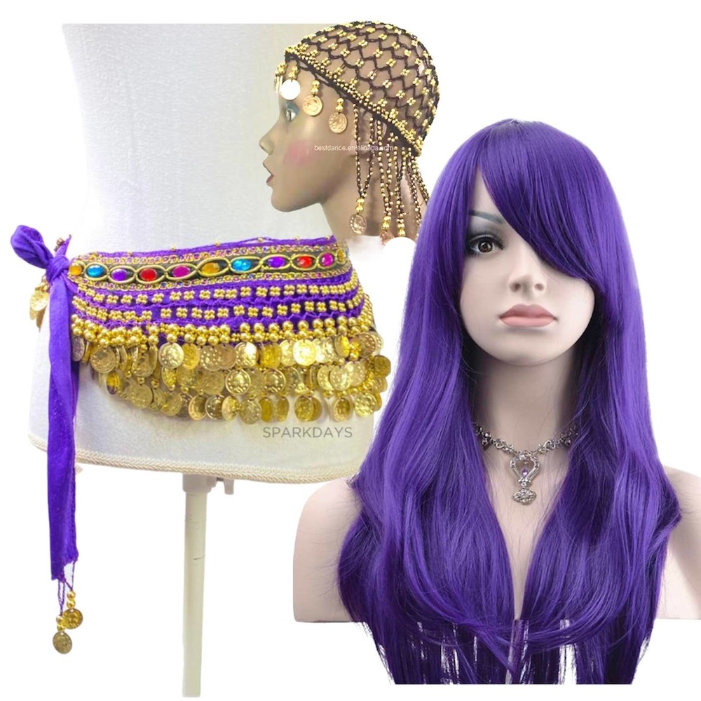 Belly Dancer Costume Purple Wig Jewel Coin Scarf Belt Festival Halloween Party - Picture 1 of 14